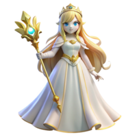 dramatic abstract An elegant anime princess with long golden hair and a flowing white gown, holding a scepter, regal lighting with soft glow, in the style of a fairytale anime high resolution png