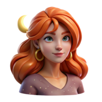 serene traditional Portrait of a woman with flowing auburn hair and a wistful expression, lit by the soft glow of the moon, in a romantic style high quality png