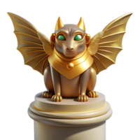serene contemporary A mysterious sphinx with golden wings and enigmatic eyes, perched on a crumbling pedestal. Soft, mysterious lighting. Surrealist style detailed png