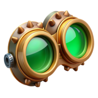 elegant traditional Steampunk goggles, intricate gears and lenses, tinted green, reflecting a desert landscape, bright sunlight, highly detailed, photorealistic premium png