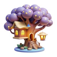 wonderful vintage A whimsical treehouse nestled in the branches of a giant, glowing tree, surrounded by floating lanterns and fireflies. Soft, magical lighting. Children's book illustration style 4K png
