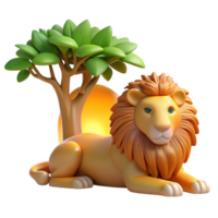wonderful vintage A majestic lion resting in the shade of a tree, warm, golden sunlight filtering through the leaves. Photorealistic style detailed png