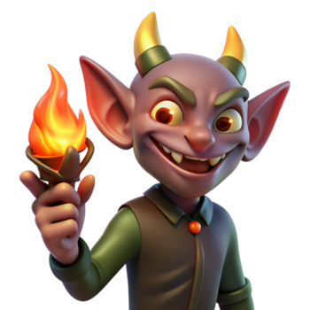 bellissimo astratto un' malizioso imp con appuntito orecchie e un' malvagio largo sorriso, Tenere un' fiammeggiante torcia, illuminato di il tremolante leggero di il torcia. grottesco stile premio png