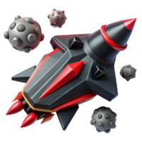 elegant abstract A sleek, black spaceship with red accents, flying through an asteroid field, illuminated by the bright, white light of a nearby star. Military science fiction style high resolution png