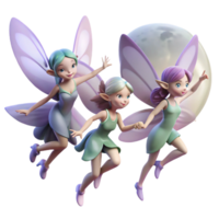 elegant rustic A group of fairies flitting through a moonlit forest, their wings shimmering with magic, enchanting and whimsical style high quality png
