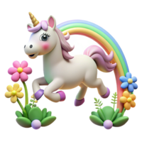 wonderful minimalist A cartoon unicorn galloping through a field of flowers, illuminated by a rainbow, rendered in a whimsical and dreamy cartoon style 4K png