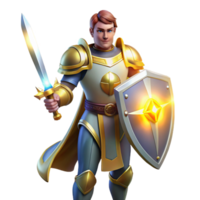 dramatic modern A noble knight in shining armor, wielding a sword and shield, standing in a heroic pose, illuminated by a divine light. Classical style detailed png