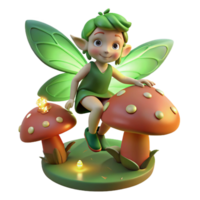 wonderful creative A mischievous forest sprite with emerald skin and butterfly wings, perched on a giant mushroom, surrounded by fireflies. Soft, dappled sunlight. Illustration style high quality png