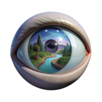 serene vintage A close-up of a human eye reflecting a natural landscape, surreal style, soft lighting detailed png