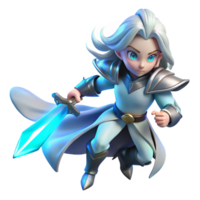 elegant traditional A lone, ethereal warrior with flowing silver hair and glowing blue eyes, wielding a crystal sword, bathed in soft moonlight. Art Nouveau style, highly detailed authentic png