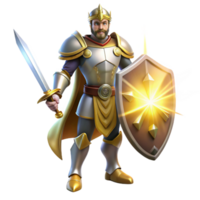 extraordinary vintage A noble knight in shining armor, wielding a sword and shield, standing in a heroic pose, illuminated by a divine light. Classical style detailed png