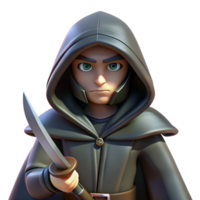 extraordinary modern A cunning rogue with a hooded cloak and a pair of daggers, lurking in the shadows. Low-key, dramatic lighting. Noir style 4K png