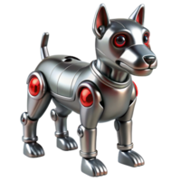 magnificent modern A chrome-plated robotic dog with glowing red eyes, standing guard in a dimly lit, industrial corridor, in a hyperrealistic style detailed png