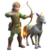 wonderful contemporary A wise centaur teaching archery to a young elf, illuminated by dappled sunlight through forest leaves, in a realistic style premium png