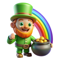 impressive contemporary A mischievous leprechaun guarding a pot of gold at the end of a rainbow, illuminated by the rainbow's light, in a whimsical illustration style genuine png