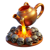 wonderful abstract A giant teapot pouring a stream of molten gold onto a pile of human skulls, illuminated by a fiery, red glow. Dark fantasy style original png