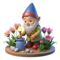 vibrant minimalist A whimsical gnome with a pointed hat and rosy cheeks, tending to a miniature garden filled with glowing flowers. Warm, inviting lighting. Storybook style exclusive png