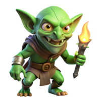 elegant artistic A cunning goblin with sharp teeth and glowing green eyes, sneaking through a dark alley, lit by a single torch. Gothic style professional png