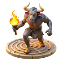 dramatic traditional A powerful minotaur with the head of a bull and the body of a man, charging through a labyrinth. Dramatic, torch-lit lighting. Mythological style premium png
