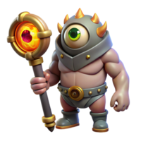 beautiful minimalist A colossal cyclops with a single fiery eye, holding a massive club, against a backdrop of volcanic smoke. Dark fantasy style high quality png