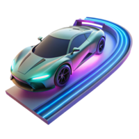 magnificent rustic A futuristic sports car hovering above a neon-lit racetrack, leaving a trail of light in its wake. Cyberpunk style premium png