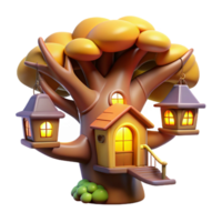 wonderful creative A whimsical treehouse nestled in the branches of a giant tree, glowing windows, warm and inviting style original png