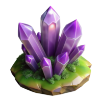 impressive artistic A cluster of amethyst crystals sprouting from a mossy rock, soft, ethereal lighting, fantasy art style original png