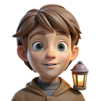 serene abstract Portrait of a young boy with wide eyes and a curious expression, lit by the soft light of a lantern, in a fantasy art style genuine png