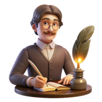 dramatic contemporary Portrait of a writer with a pensive expression, holding a quill pen, lit by the warm glow of a desk lamp, in a vintage, romantic style original png