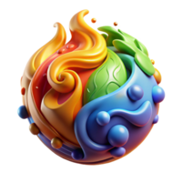 serene modern A powerful elemental with swirling earth, air, fire, and water surrounding them. Vibrant, multicolored lighting. Abstract style premium png