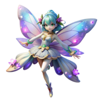 elegant vintage A whimsical anime fairy with iridescent wings, fluttering among flowers, magical lighting with sparkles and glow, in the style of a fantasy anime premium png