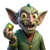 elegant rustic A cunning goblin with pointed ears and sharp teeth, holding a stolen jewel, dimly lit, mischievous and greedy style professional png