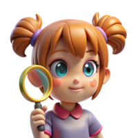 magnificent classic A curious anime child with wide eyes and pigtails, holding a magnifying glass, bright, cheerful lighting, in the style of an adventure anime genuine png