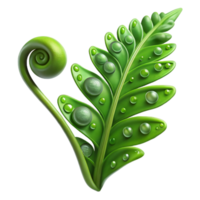 serene artistic A lush, green fern frond unfurling, droplets of dew clinging to its delicate surface, soft diffused lighting, botanical illustration style 4K png