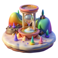stunning minimalist A giant clock melting into a puddle of rainbow-colored sand, surrounded by floating islands made of musical instruments, under a dim, ethereal light. Surrealist painting style 4K png