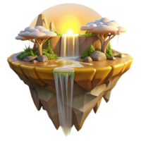 vibrant traditional A mystical floating island with waterfalls cascading down its sides, bathed in golden sunlight, serene and magical style high quality png