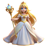 serene rustic An elegant anime princess with long golden hair and a flowing white gown, holding a scepter, regal lighting with soft glow, in the style of a fairytale anime genuine png