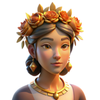 elegant modern Portrait of a woman with an elaborate floral crown and a serene expression, lit by the golden light of a sunset, in a bohemian style high quality png