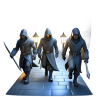 serene modern A group of shadowy assassins with glowing daggers stalking through a dark alleyway. Lit by flickering gaslight, depicted in a gritty, noir style high quality png