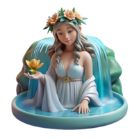 elegant creative A beautiful nymph with flowing robes and a flower crown, bathing in a waterfall. Art Nouveau style, soft lighting authentic png