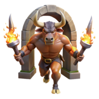 beautiful minimalist A powerful minotaur, half-man, half-bull, charging through a labyrinthine corridor, lit by flickering torches. Dynamic pose and gritty textures. Baroque style high resolution png