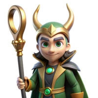 serene minimalist A cunning Loki with a mischievous glint in his eye, holding a magical staff. Norse mythology style. Dramatic, shadowy lighting high quality png