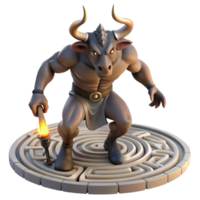 vibrant classic A fierce minotaur with the head of a bull and the body of a man, charging through a labyrinth, illuminated by the flickering light of torches. Greek mythology style authentic png
