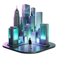 stunning contemporary A lone figure silhouetted against a backdrop of towering skyscrapers and holographic advertisements, in a moody, cinematic style high resolution png