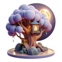 serene modern A whimsical treehouse nestled within the branches of a giant, glowing willow tree, overlooking a moonlit valley. Soft, ethereal moonlight. Dreamlike style exclusive png