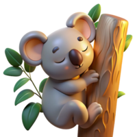 magnificent abstract A sleepy koala clinging to a eucalyptus tree, illuminated by warm sunlight, in a cute, photorealistic style high quality png