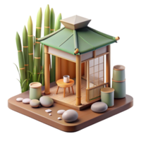 stunning vintage A minimalist Japanese tea house made of bamboo and paper, soft diffused lighting, zen garden in the foreground. Minimalist style, serene atmosphere, calming colors authentic png