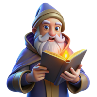 serene classic A wise old wizard with a long white beard and twinkling blue eyes studies an ancient tome. Warm, firelight. Renaissance painting style original png