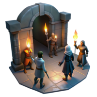 magnificent rustic A group of adventurers exploring a dark dungeon, torches casting flickering shadows on the walls. Dark fantasy style, dramatic lighting premium png
