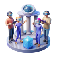 extraordinary vintage A group of humans with augmented reality headsets exploring a virtual museum, surrounded by holographic artifacts. Photorealistic style high quality png